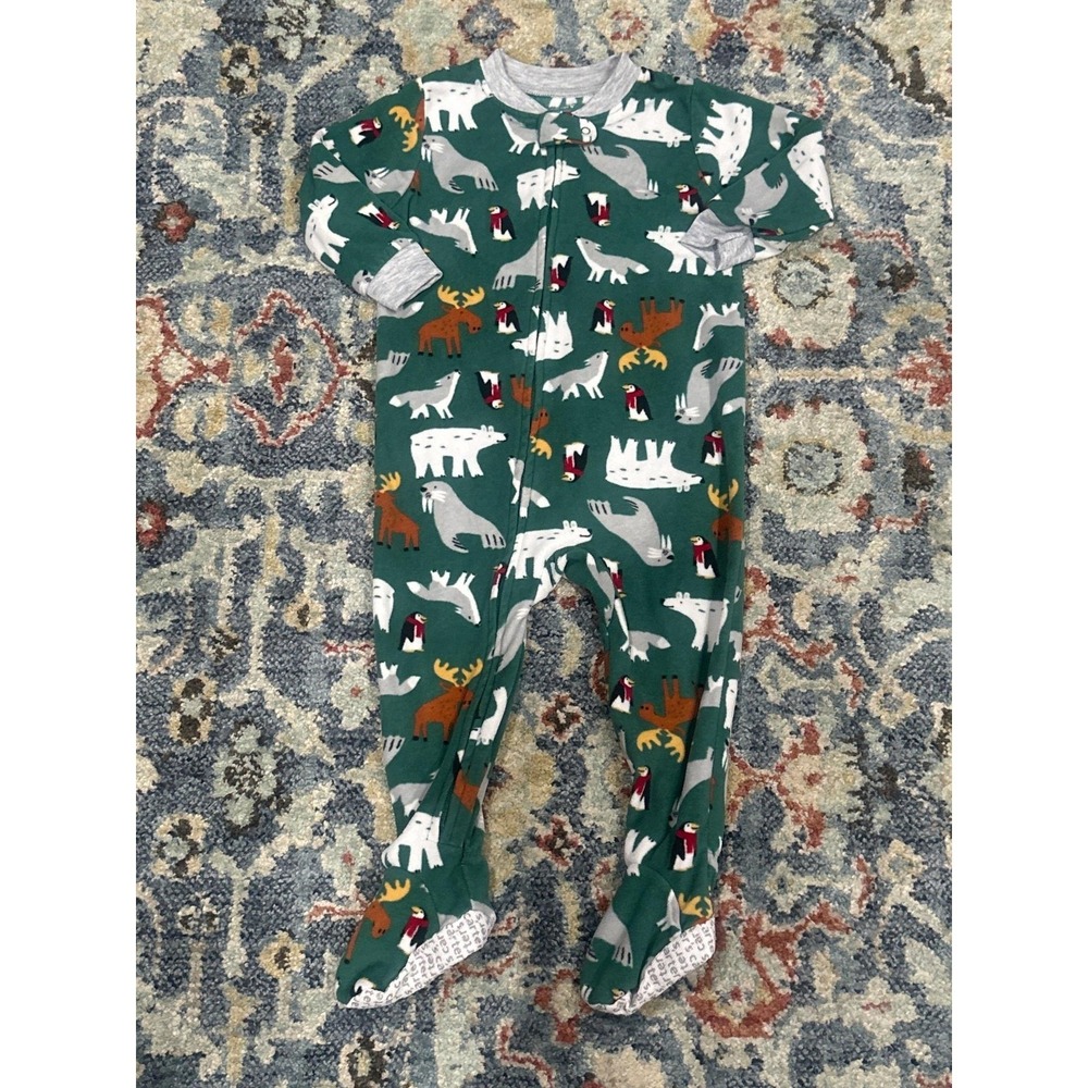 Carter's Footed Pajamas Boys 18M Green Arctic Animal Fleece EUC